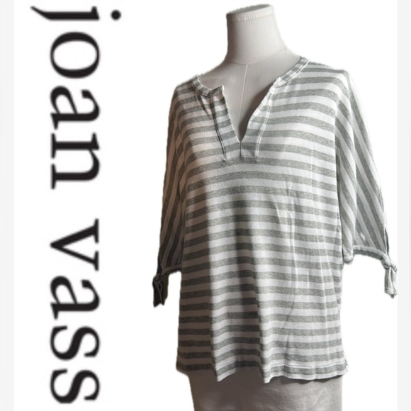 JOAN VASS Knit Grey‎ Stripe Easy Pullover Johnny Collar Tunic 3/4 Sleeve Top 16 - Picture 1 of 17